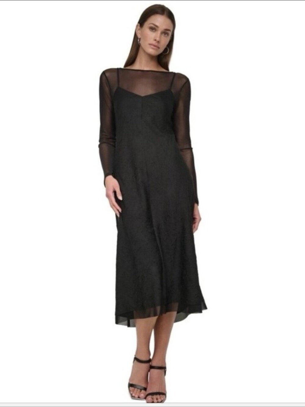 DKNY NWT Black Mesh Overlay Maxi Dress Size 8 $139 Sheer Long Sleeve Gothic Y2k